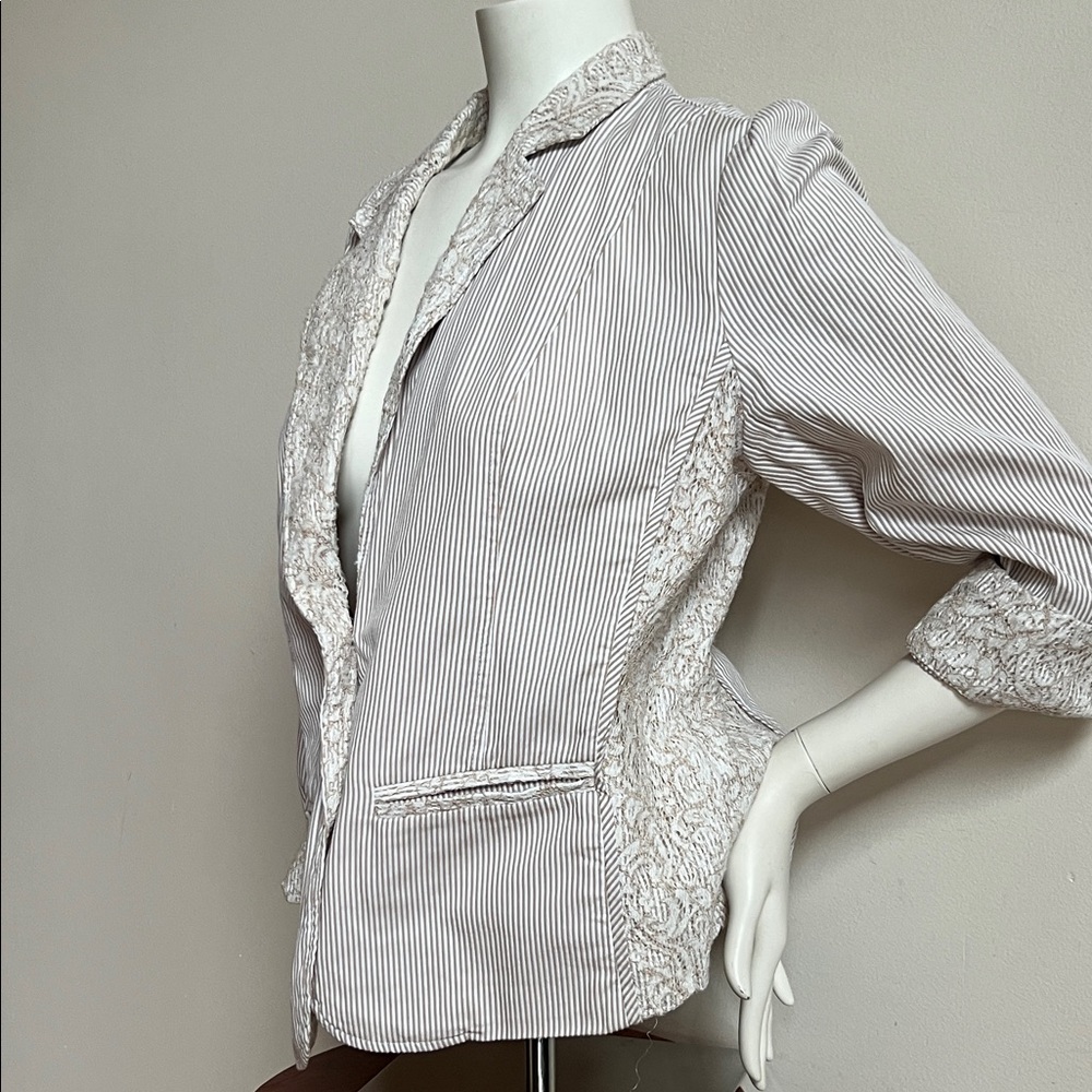 Chico's Beige Striped Blazer with Lace Accents